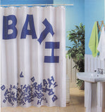 BLUE CANYON WHITE/BLUE "BATH" POLYESTER SHOWER CURTAIN WITH HOOKS